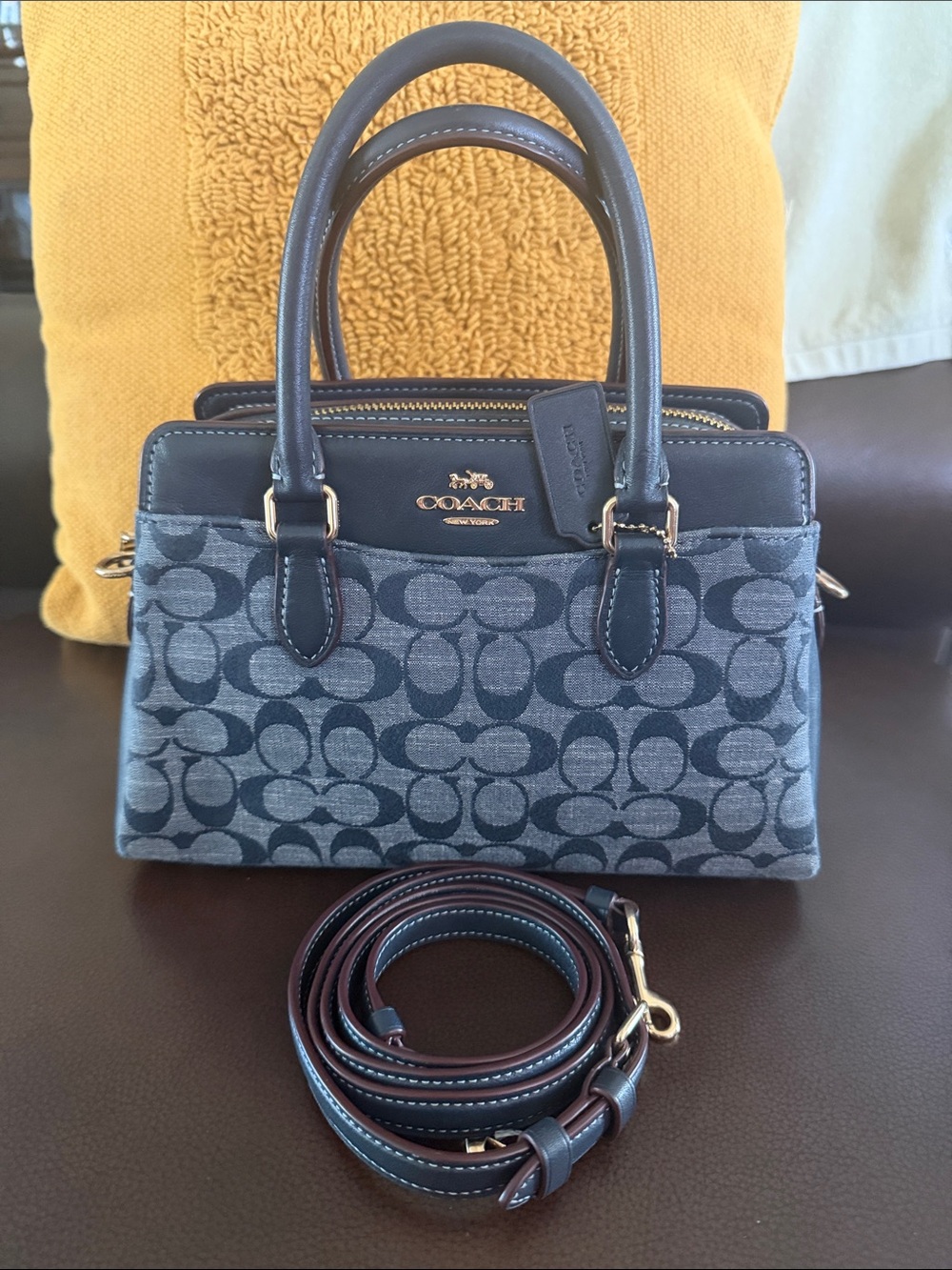 Coach Blue Denim Signature Small Satchel with Leather Trim